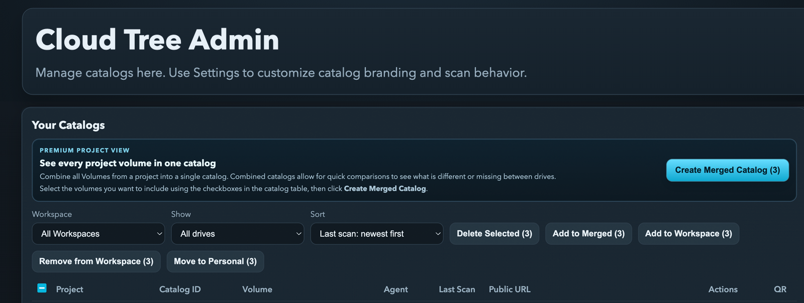 Cloud Tree admin dashboard with merged catalog creation controls.