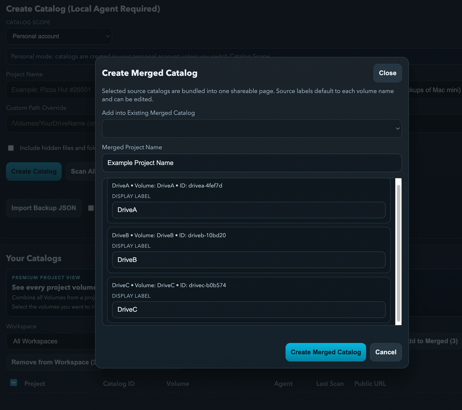 Merged catalog comparison tools with reference volume and folder scope controls.