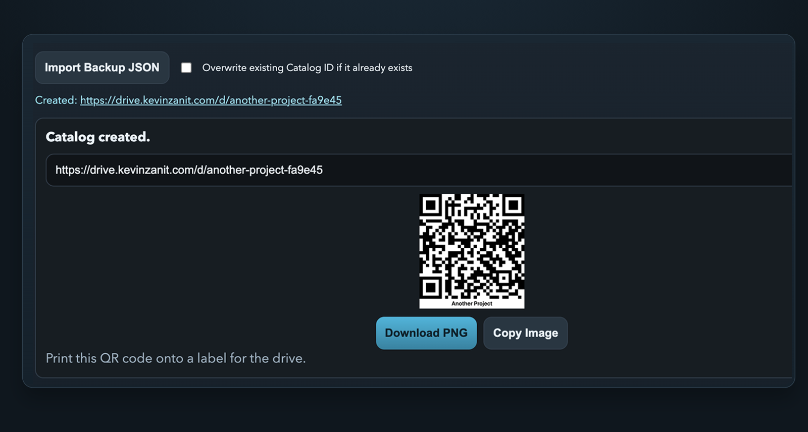 Cloud Tree generated QR label and public catalog URL.